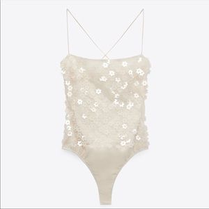 NWT ZARA Floral Sequin Bodysuit White/Cream Size XS